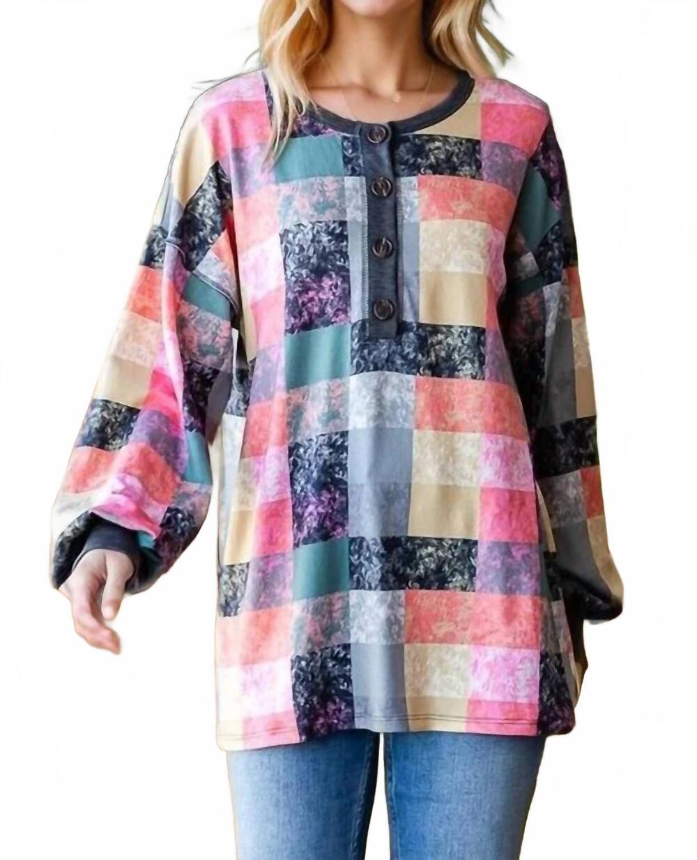 NEW HEIMISH USA women's long puff top in multi color plaid
